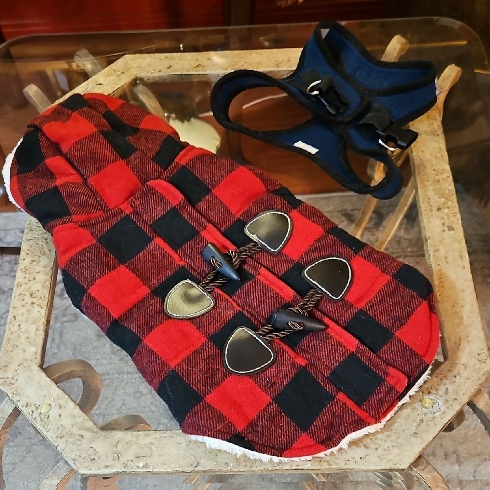 NWOT Friends Forever Medium Red Plaid Dog Coat,Navy Harness,Santa Swrater Bundle